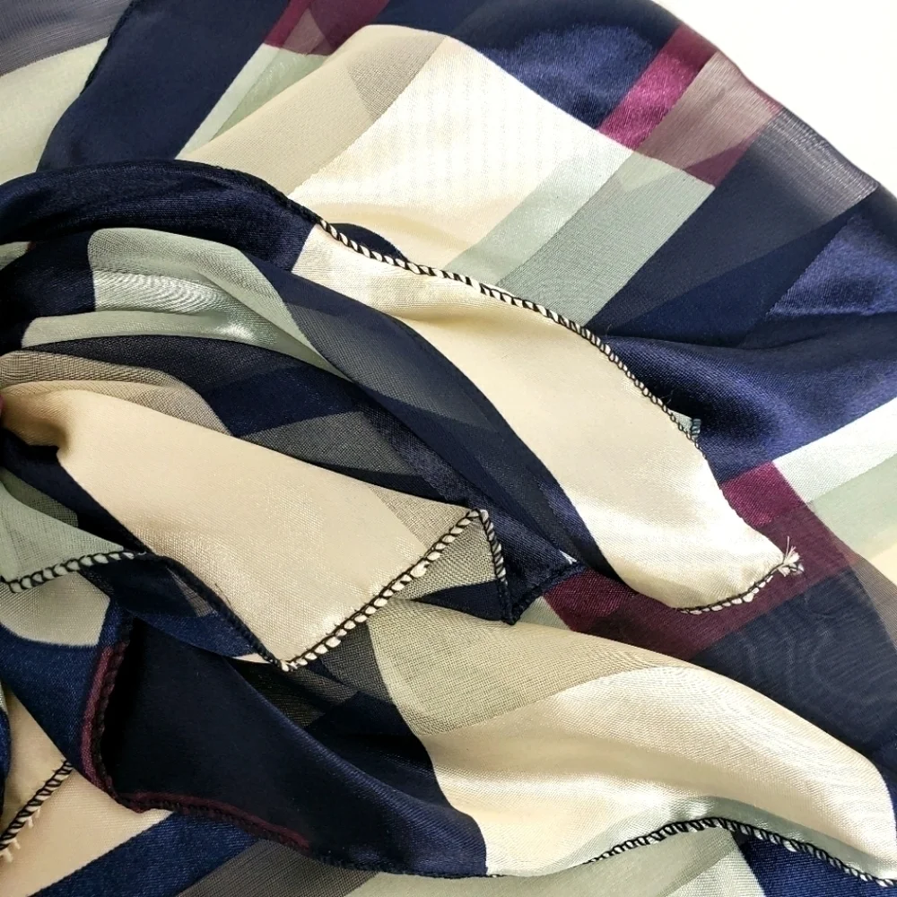 SCARF Neck Wrap Plaid Silk Feel Pre-Tied Plaid Purple Navy Grey EUC